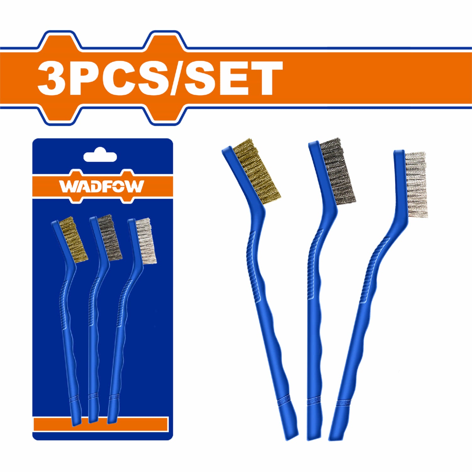 Cepillos de alambre abrasivos 7". 3 piezas. Con mango de plástico. (Tipo: Nylon, Latón y Cerdas).