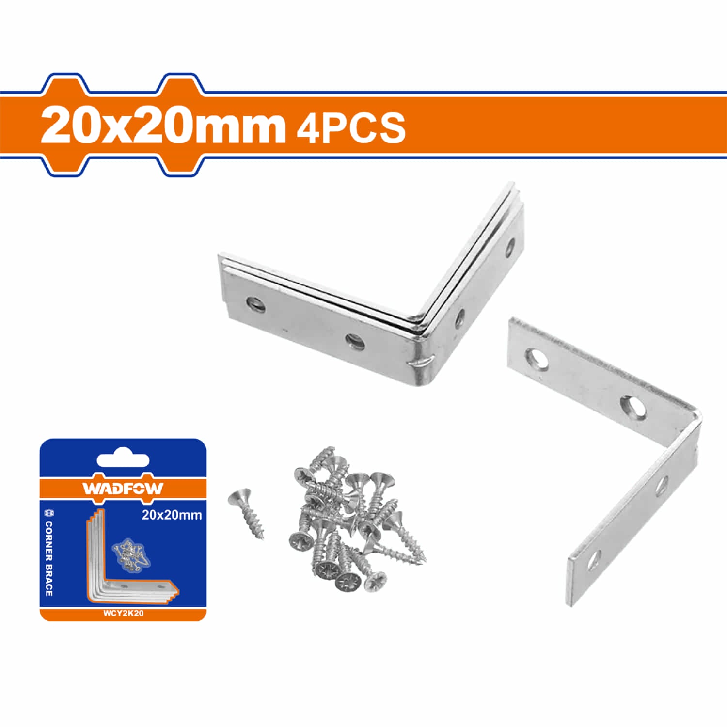 Escuadras de esquina 20 x 20 mm. Espesor: 1.9mm. Galvanizado. 4 pzas. Incluye 8 tornillos.