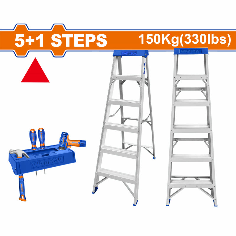 Escalera de tijera aluminio 5 pasos. Altura de cada paso: 252mm. Carga máxima: 150kg