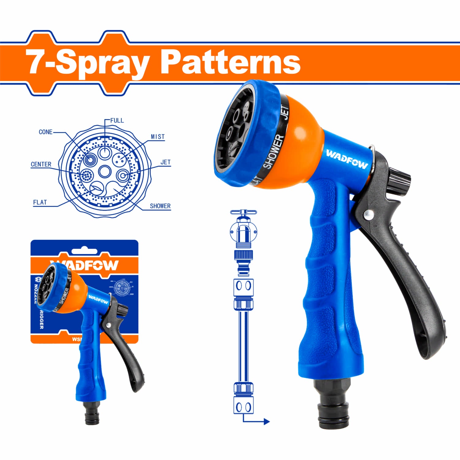 Pistola Boquilla de agua de plástico para manguera ajustable 7 vías. Agarre suave y cómodo. Gatillo de plástico.