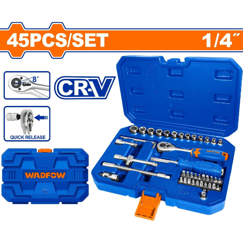 Ratchet con Socket dados 45 piezas 1/4". CR-V. Tratamiento térmico. Se vende en Juego.