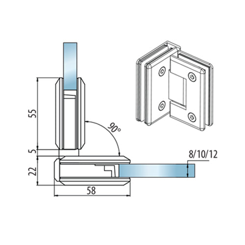 Bisagra de ducha 90 grados Aleacion ZAMAC. Economica Acabado Brillante. Vida util 2-3 años