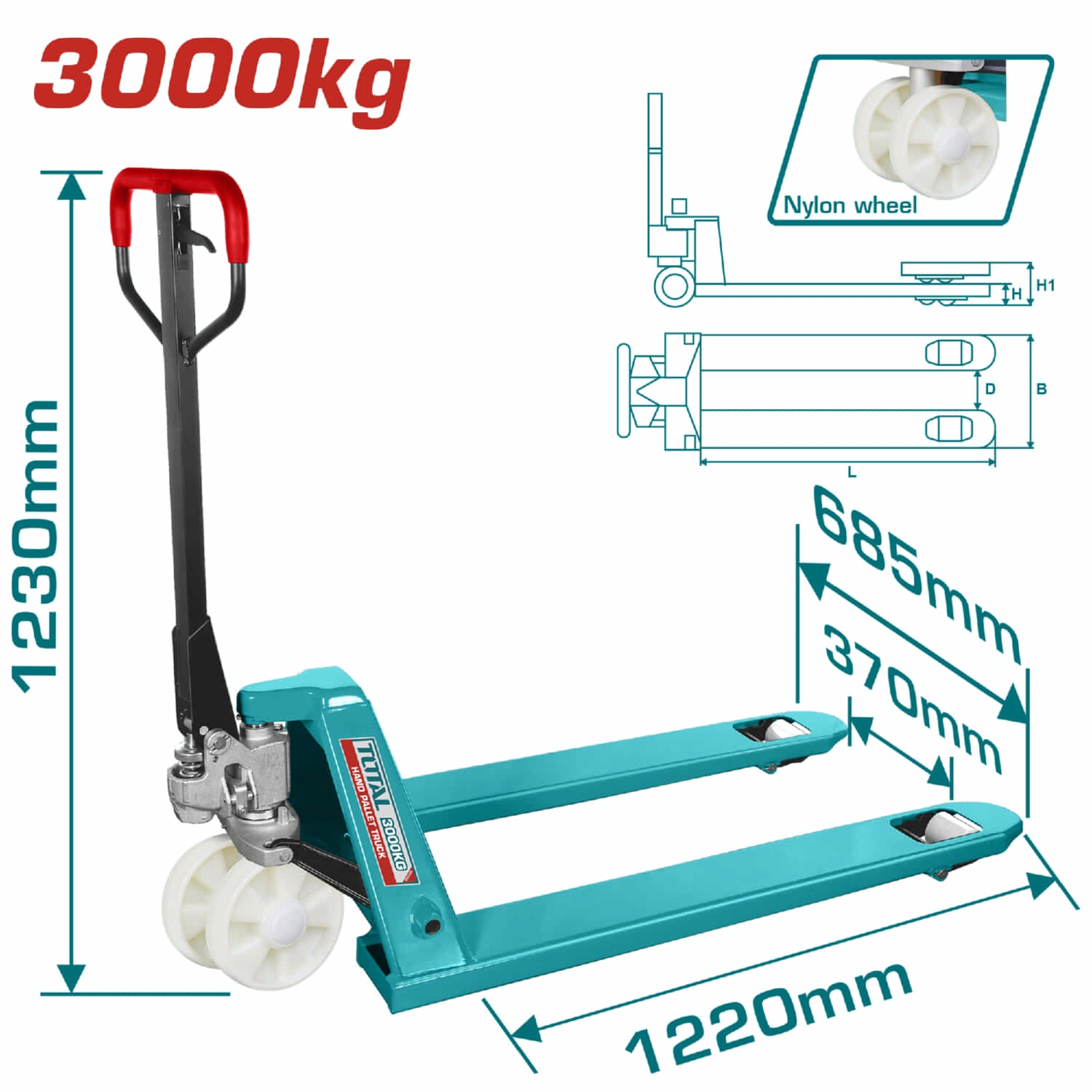Transpaleta manual de 3000 Kg. Medidas de uñas. 685x1220mm Altura min/max de uña: 74-190mm.