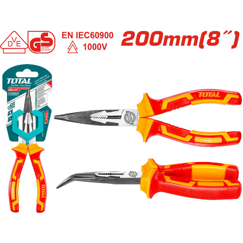 Alicate de Punta Doblada de 8" (200mm) de Mango aislado. Acabado Negro Pulido. Soporta 1000 V.