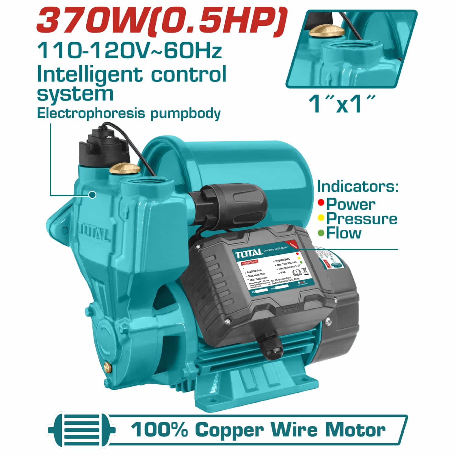 Bomba de agua periférica autocebante control inteligente automática 370W(0.5hp) Max. 35m.