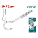 6 pza/ Juego tornillo de gancho  5mm  y taco 8x40 mm. Galvanizado.