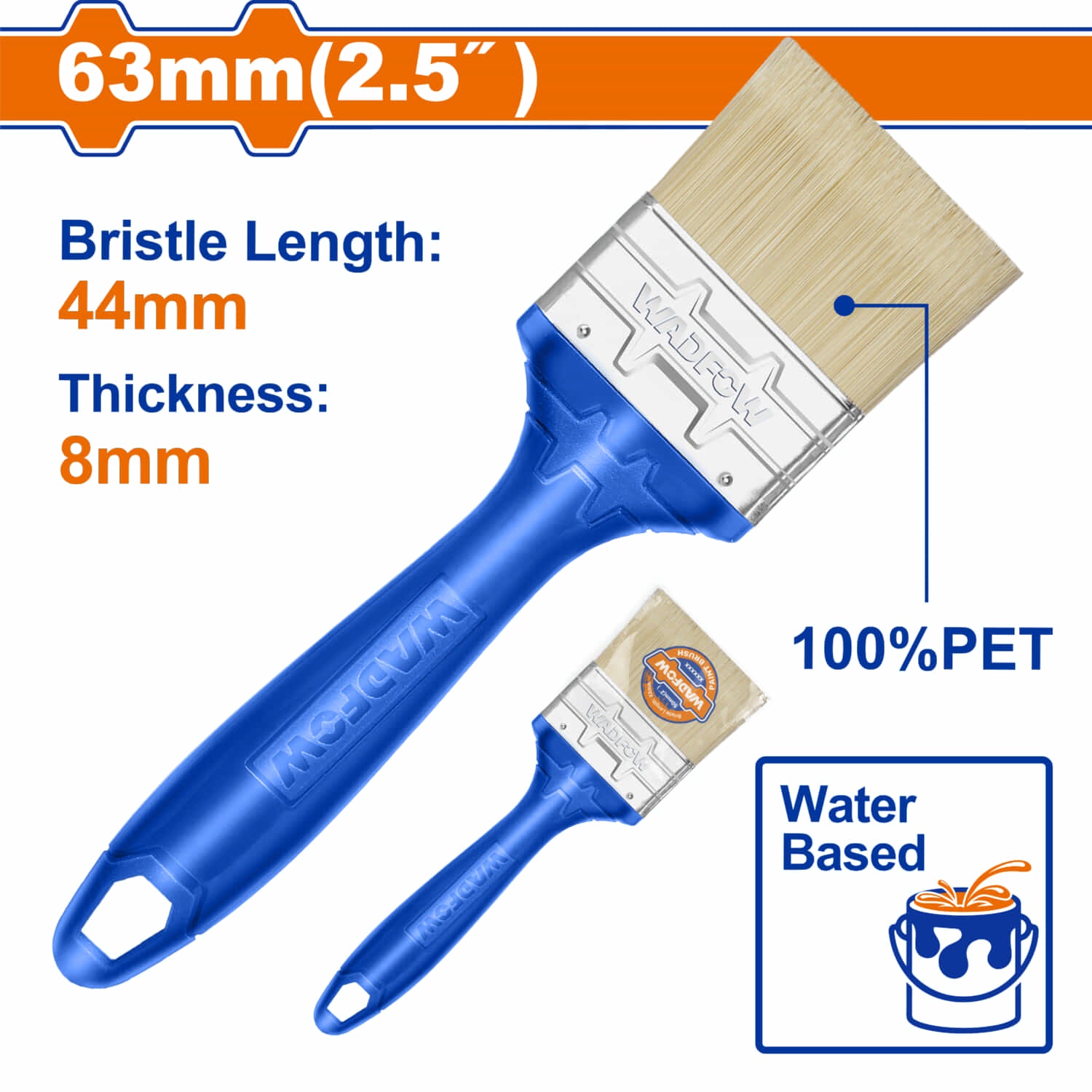 Brocha para pintar 63mm(2.5"). Cerdas 100% PET. Pintura a base de agua. Long: 44mm. Grosor: 8mm.