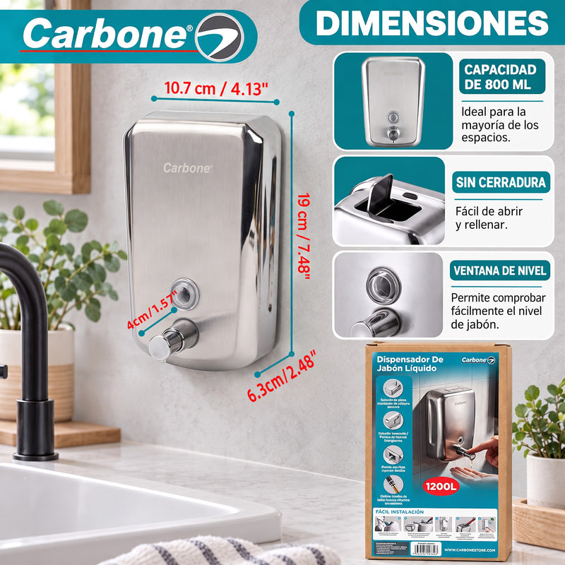 Dispensador De Jabón Líquido 1200ml de Acero Inoxidable 304 Satinado. Dosificador Manual Para Pared.