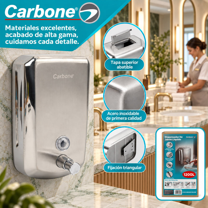 Dispensador De Jabón Líquido 1200ml de Acero Inoxidable 304 Satinado. Dosificador Manual Para Pared.