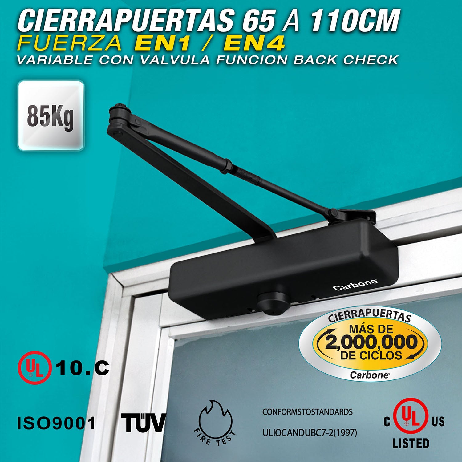 Cierrapuertas para 65a110 cm (15-85kg).Fuerza EN1~4 variable con Funcion back check(10años)
