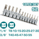 Juegos de dados de Punta de Torx (12 piezas) (T8-T30 1/4") (T40-T55 3/8") S2. Cromado