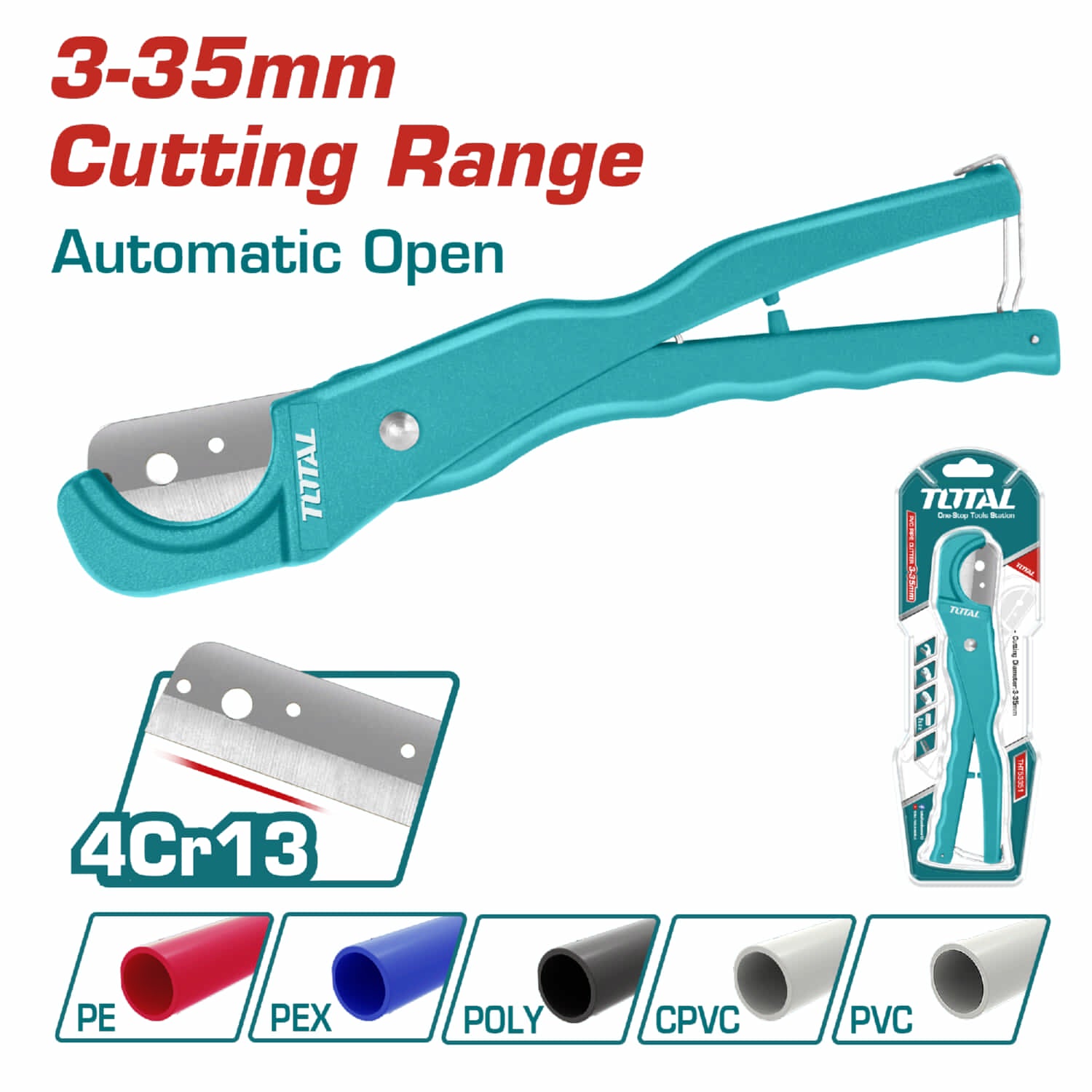 Cortador de tubo de PVC. Corta tubos de 3 a 35 mm. Largo 210 mm