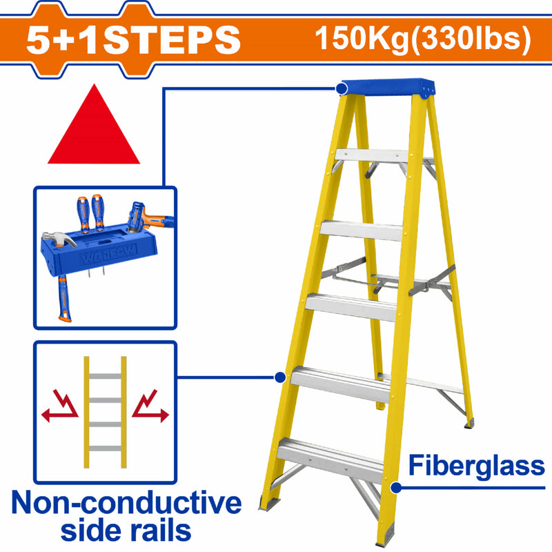 Escalera de fibra de vidrio 6 escalones. Altura de paso: 280mm. Carga máxima: 150Kg. De tijera