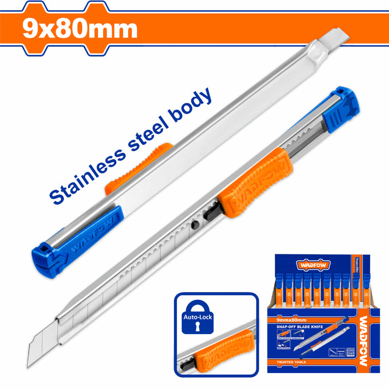 Exacto con cuerpo de Acero Inoxidable. 9x80mm. Bloqueo automático. Con pulsador plano