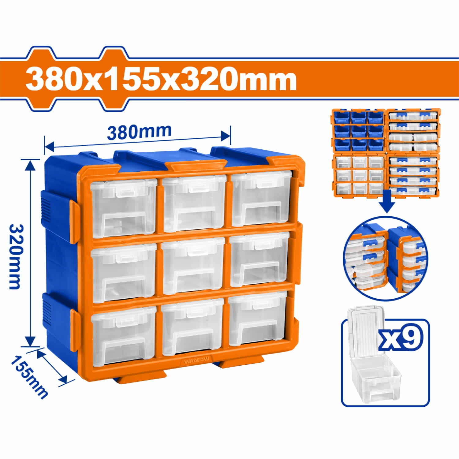 Cajas de plastico Organizador modular tipo torre. 380x155x320mm. Set de 9 piezas. Se une vertical u horizontal.
