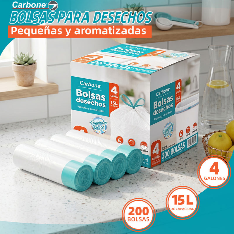 Bolsas de Basura Pequeñas Aromatizadas 4 Galones (15L) con Cordón Ajustable. Cartuchos Resistentes para Desechos (200 unds). Color Blanco (43x46cm)