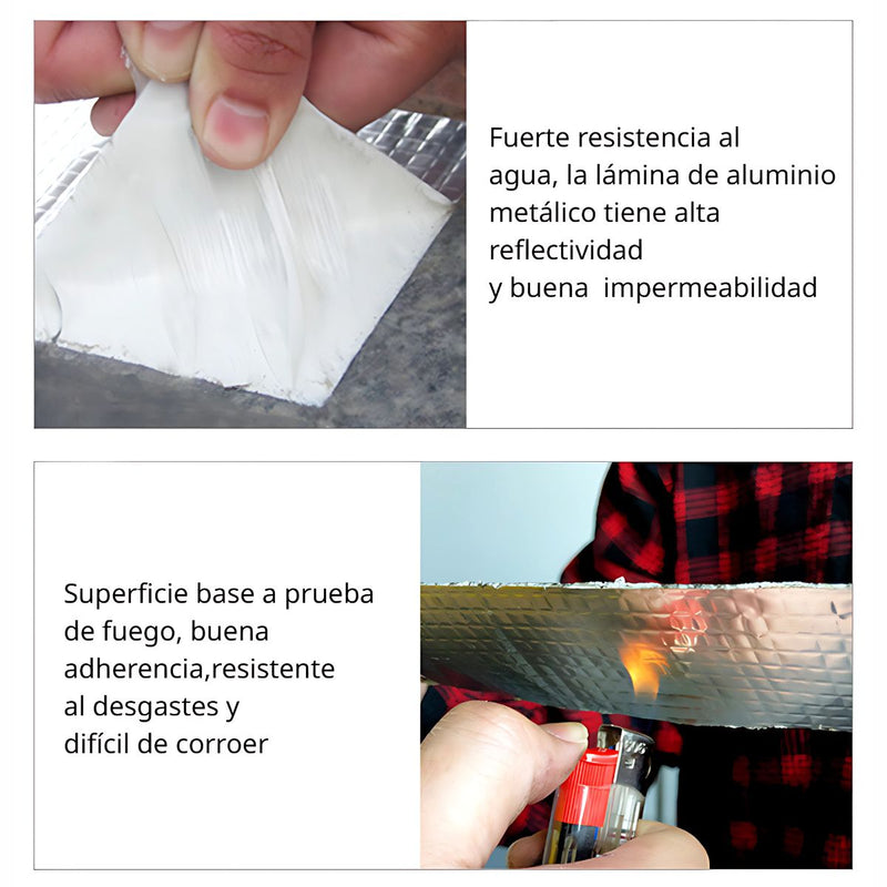 Rollo Cinta Tapagoteras de Goma de Butilo para techos. Cintas autoadhesivas resistentes al agua cubiertas de Aluminio de alta reflectividad. Sellado Definitivo.
