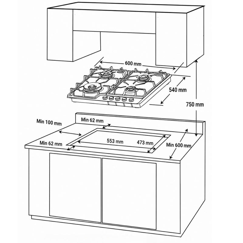 Estufa Empotrable  A Gas Elite Glass Pro De Vidrio Negro con  4 Quemadores SABAF Sistema de Seguridad Orkli Integrado. 110V (60cm)