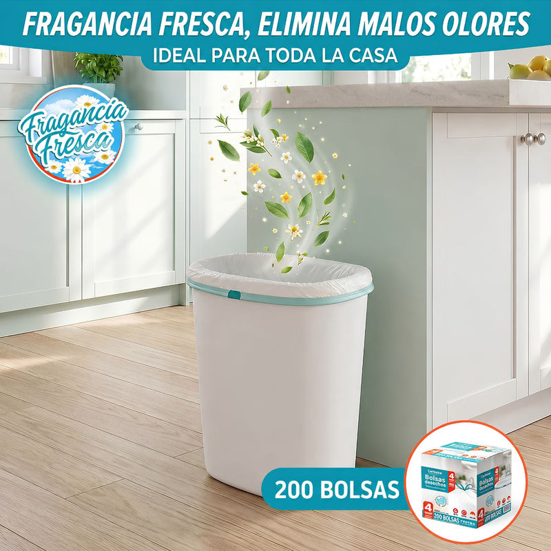 Bolsas de Basura Pequeñas Aromatizadas 4 Galones (15L) con Cordón Ajustable. Cartuchos Resistentes para Desechos (200 unds). Color Blanco (43x46cm)