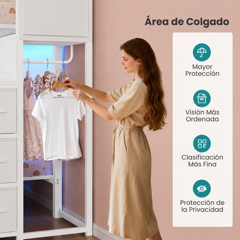 Camarote Litera Multifuncional Twin con Escalera y Cajones, Luces LED RGB Integradas. Camas Doble con Barandales de Seguridad y Almacenamiento. Color Blanco
