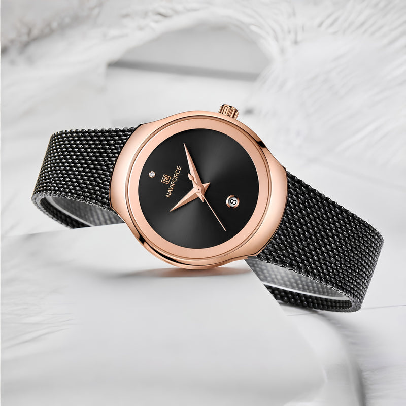 Naviforce Reloj Analógico Negro con Esfera Dorada, Correa de Malla de Acero Inoxidable, Diámetro de 32 mm y Resistencia al Agua 3 ATM.