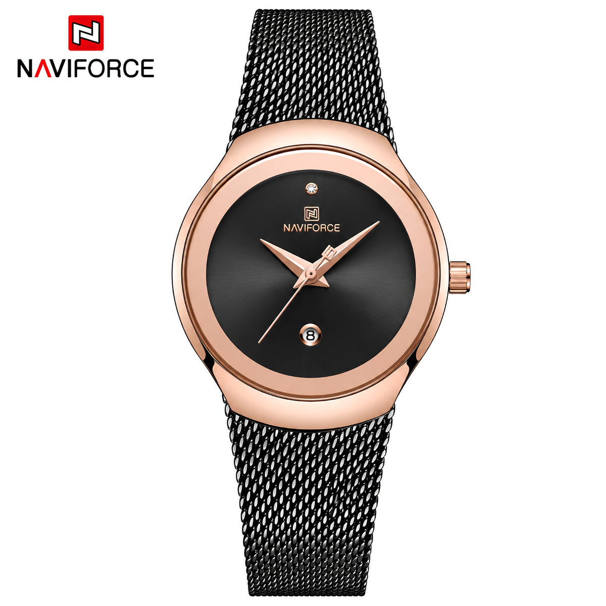 Naviforce Reloj Analógico Negro con Esfera Dorada, Correa de Malla de Acero Inoxidable, Diámetro de 32 mm y Resistencia al Agua 3 ATM.