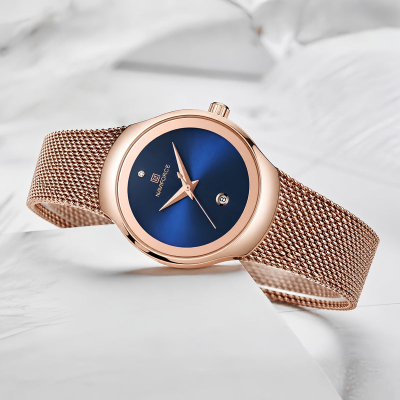 Naviforce Reloj Analógico Rose Gold con Esfera Azul, Correa de Malla de Acero Inoxidable, Diámetro de 32 mm y Resistencia al Agua 3 ATM.