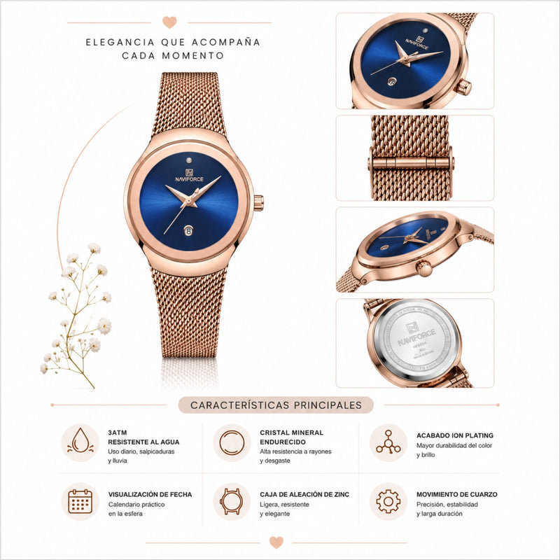 Naviforce Reloj Analógico Rose Gold con Esfera Azul, Correa de Malla de Acero Inoxidable, Diámetro de 32 mm y Resistencia al Agua 3 ATM.