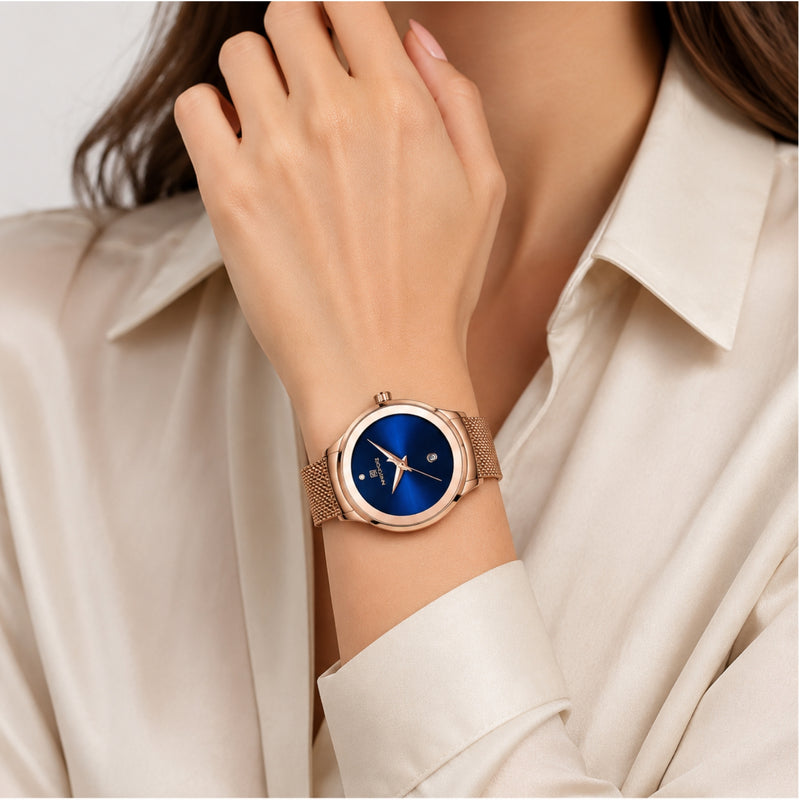 Naviforce Reloj Analógico Rose Gold con Esfera Azul, Correa de Malla de Acero Inoxidable, Diámetro de 32 mm y Resistencia al Agua 3 ATM.