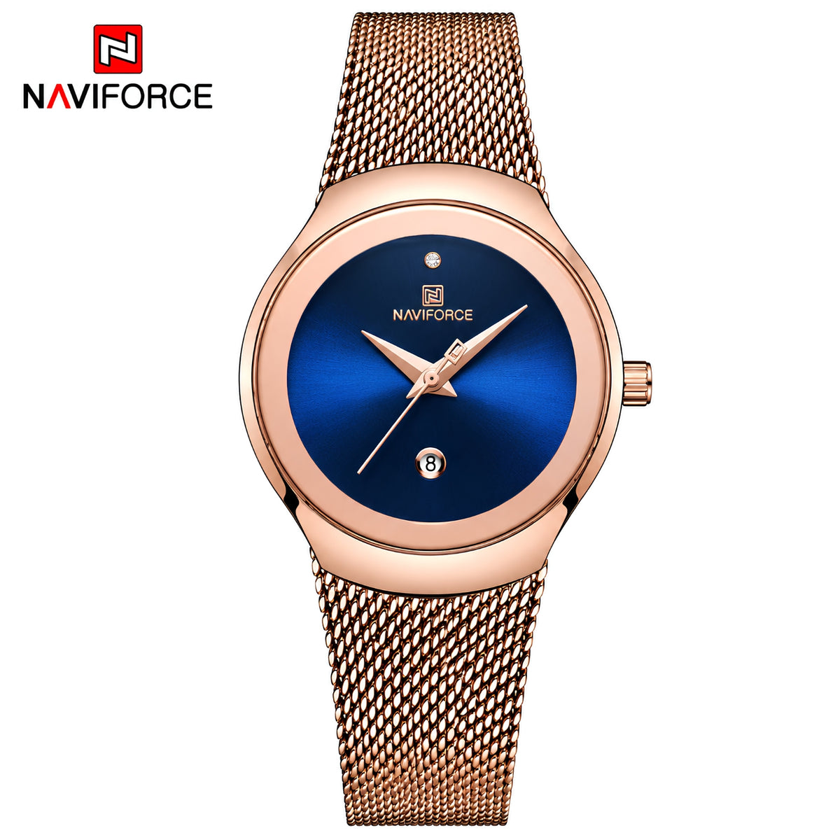 Naviforce Reloj Analógico Rose Gold con Esfera Azul, Correa de Malla de Acero Inoxidable, Diámetro de 32 mm y Resistencia al Agua 3 ATM.