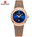 Naviforce Reloj Analógico Rose Gold con Esfera Azul, Correa de Malla de Acero Inoxidable, Diámetro de 32 mm y Resistencia al Agua 3 ATM.