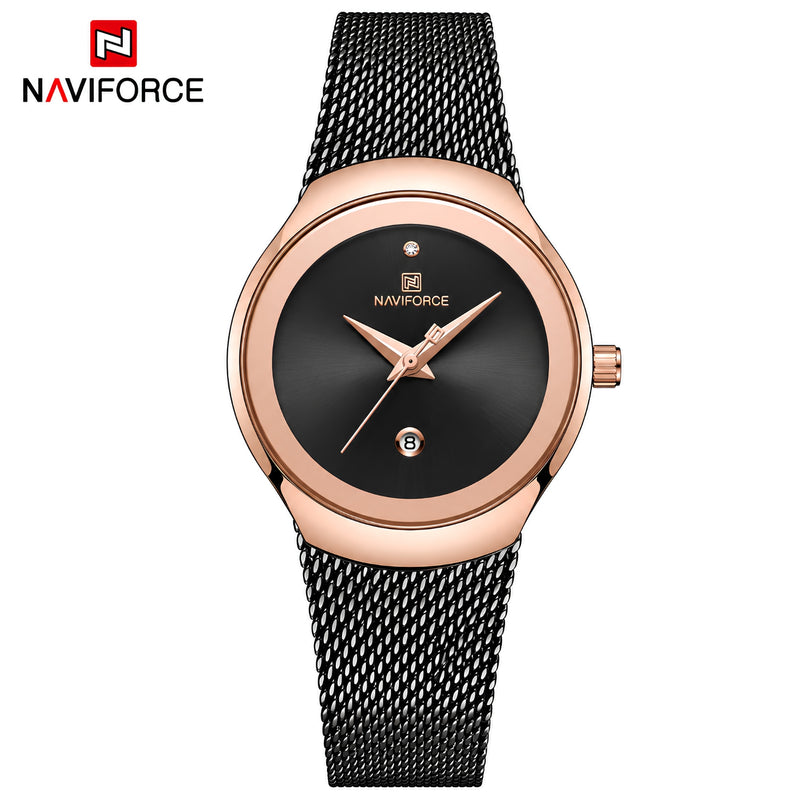 Naviforce Reloj Analógico Negro con Esfera Dorada, Correa de Malla de Acero Inoxidable, Diámetro de 32 mm y Resistencia al Agua 3 ATM.