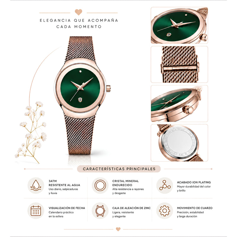 Naviforce Reloj Analógico Rose Gold con Esfera Verde, Correa de Malla de Acero Inoxidable, Diámetro de 32 mm y Resistencia al Agua 3 ATM.