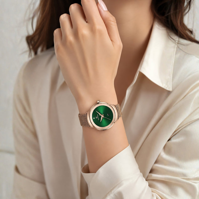 Naviforce Reloj Analógico Rose Gold con Esfera Verde, Correa de Malla de Acero Inoxidable, Diámetro de 32 mm y Resistencia al Agua 3 ATM.