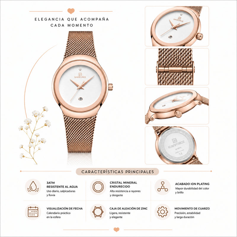 Naviforce Reloj Analógico Rose Gold con Esfera Blanca, Correa de Malla de Acero Inoxidable, Diámetro de 32 mm y Resistencia al Agua 3 ATM.
