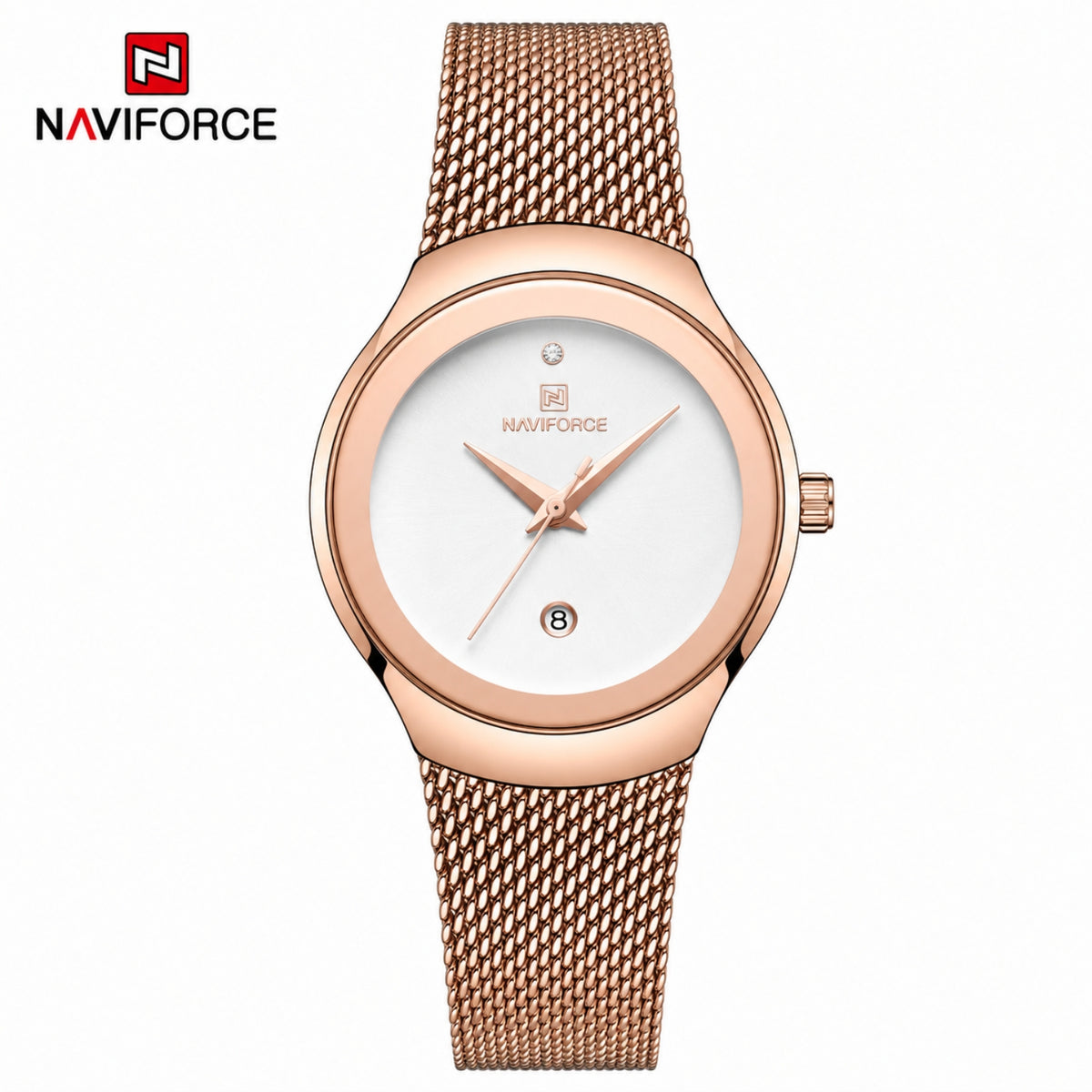 Naviforce Reloj Analógico Rose Gold con Esfera Blanca, Correa de Malla de Acero Inoxidable, Diámetro de 32 mm y Resistencia al Agua 3 ATM.