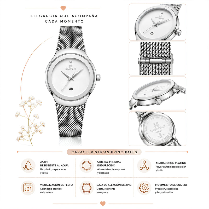 Naviforce Reloj Analógico Plateado con Esfera Blanca, Correa de Malla de Acero Inoxidable, Diámetro de 32 mm y Resistencia al Agua 3 ATM.