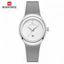 Naviforce Reloj Analógico Plateado con Esfera Blanca, Correa de Malla de Acero Inoxidable, Diámetro de 32 mm y Resistencia al Agua 3 ATM.