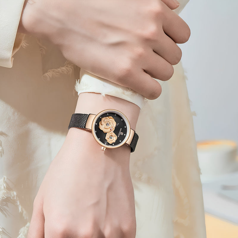 Naviforce Reloj Analógico Negro con Detalles Rose Gold, Correa de Malla de Acero Inoxidable, Diámetro de 32 mm y Resistencia al Agua 3 ATM.