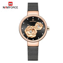 Naviforce Reloj Analógico Negro con Detalles Rose Gold, Correa de Malla de Acero Inoxidable, Diámetro de 32 mm y Resistencia al Agua 3 ATM.