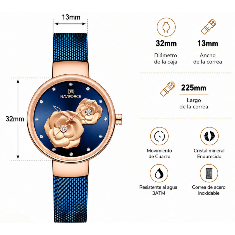 Naviforce Reloj Analógico Azul con Esfera Azul, Correa de Malla de Acero Inoxidable, Diámetro de 32 mm y Resistencia al Agua 3 ATM.
