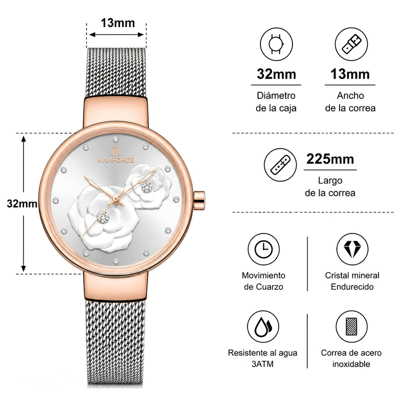 Naviforce Reloj Analógico Plateado con Esfera Blanca y Detalles Rose Gold, Correa de Malla de Acero Inoxidable, Diámetro de 32 mm y Resistencia al Agua 3 ATM.