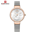 Naviforce Reloj Analógico Plateado con Esfera Blanca y Detalles Rose Gold, Correa de Malla de Acero Inoxidable, Diámetro de 32 mm y Resistencia al Agua 3 ATM.