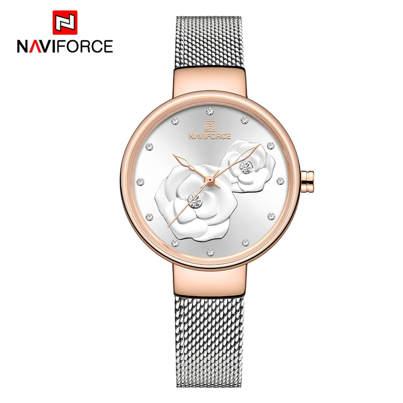 Naviforce Reloj Analógico Plateado con Esfera Blanca y Detalles Rose Gold, Correa de Malla de Acero Inoxidable, Diámetro de 32 mm y Resistencia al Agua 3 ATM.