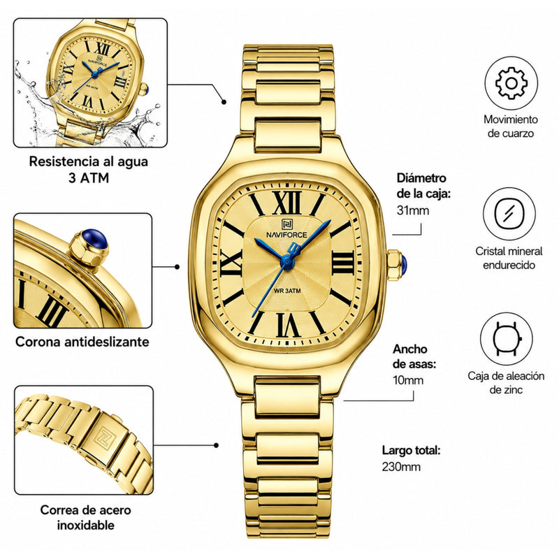 Naviforce Reloj Analógico Dorado con Correa de Acero Inoxidable, Diámetro de 31 mm, Cristal Mineral Endurecido y Resistencia al Agua 3 ATM.