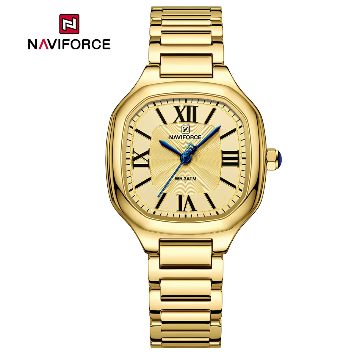 Naviforce Reloj Analógico Dorado con Correa de Acero Inoxidable, Diámetro de 31 mm, Cristal Mineral Endurecido y Resistencia al Agua 3 ATM.
