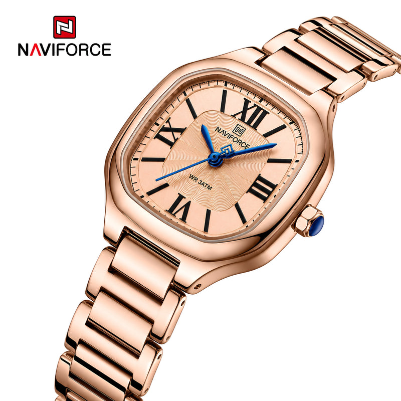 Naviforce Reloj Analógico Rose Gold con Correa de Acero Inoxidable, Diámetro de 31 mm, Cristal Mineral Endurecido y Resistencia al Agua 3 ATM.
