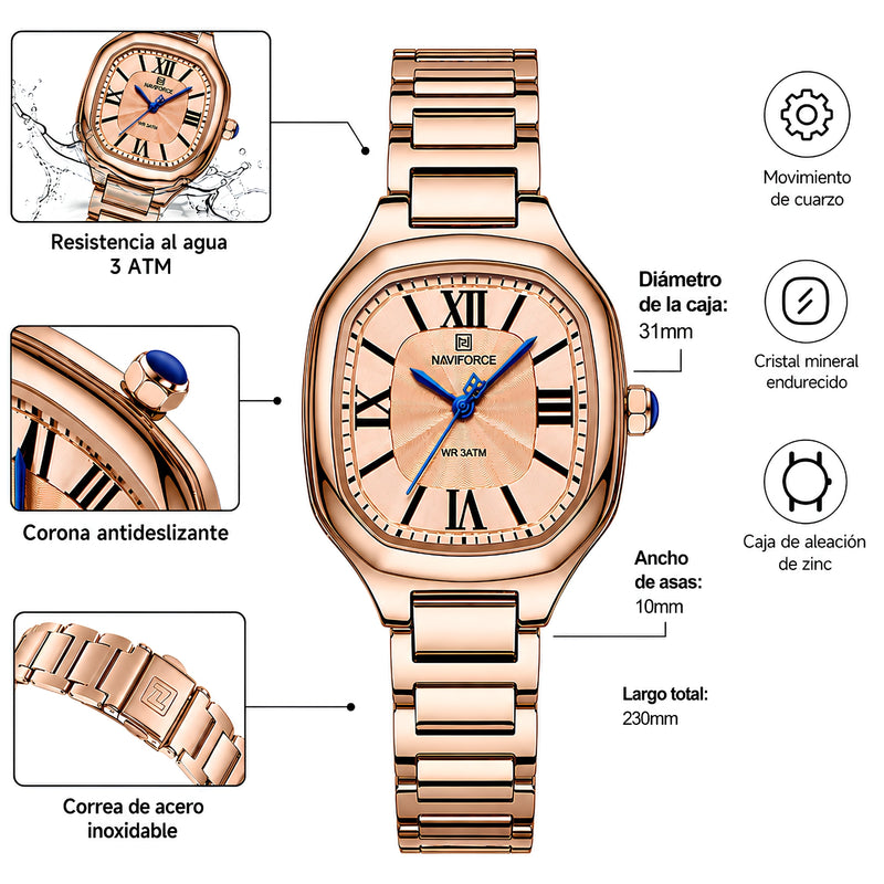 Naviforce Reloj Analógico Rose Gold con Correa de Acero Inoxidable, Diámetro de 31 mm, Cristal Mineral Endurecido y Resistencia al Agua 3 ATM.