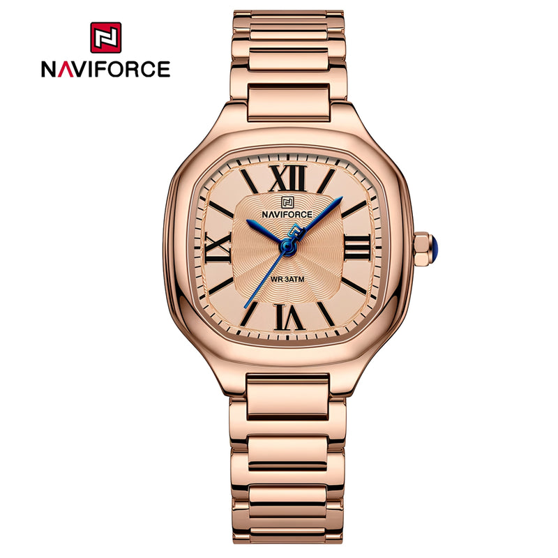 Naviforce Reloj Analógico Rose Gold con Correa de Acero Inoxidable, Diámetro de 31 mm, Cristal Mineral Endurecido y Resistencia al Agua 3 ATM.