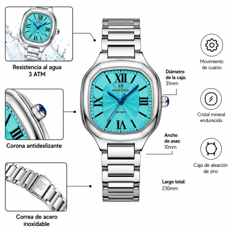 Naviforce Reloj Analógico Plateado con Correa de Acero Inoxidable, Diámetro de 31 mm, Cristal Mineral Endurecido y Resistencia al Agua 3 ATM.